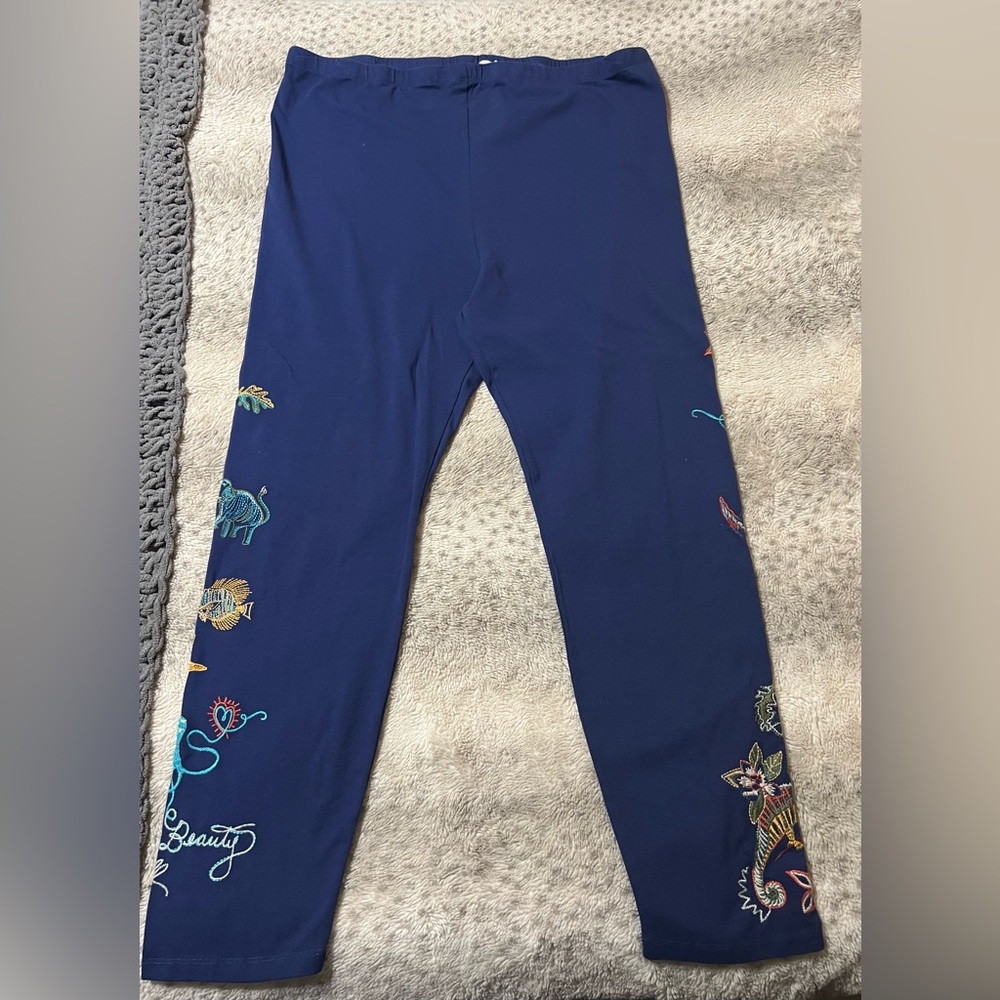 JOHNNY WAS  Zoe Legging Navy Blue Embroidered Stretch Cotton Knit Pants XXL NWT